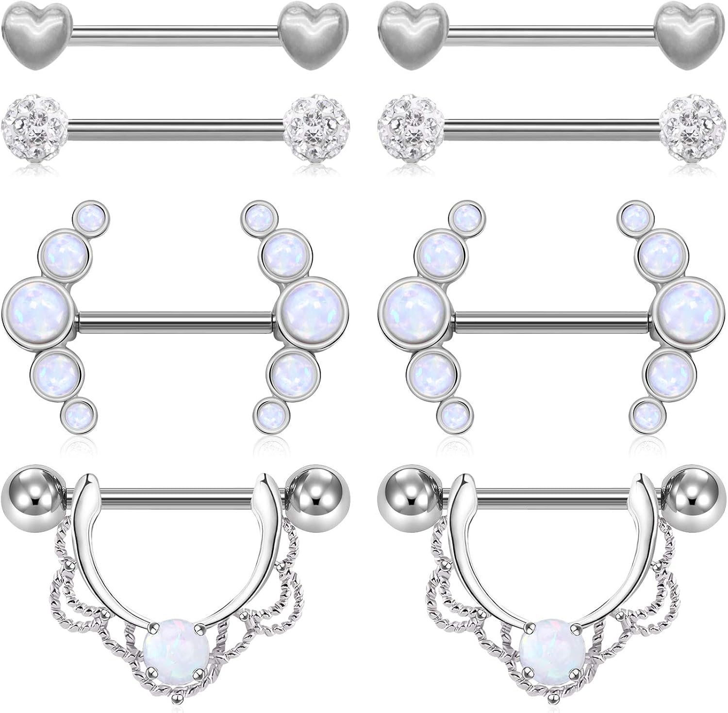 JFORYOU 14G Surgical Steel Nipple Bar Rings Synthesis Opal Nipple Shield Barbell Piercing Jewelry for Women