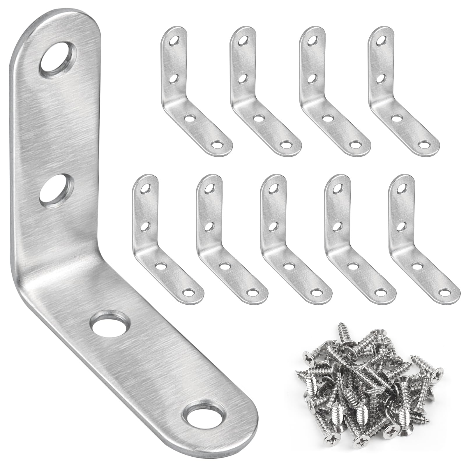 JatilEr 10 Pcs Angle Brackets, 50 × 50mm Right Corner 90 Degree L Bracket, Stainless Steel Corner Brace With 40 Screws, L Shaped Small Brackets for Wood Furniture Fixation