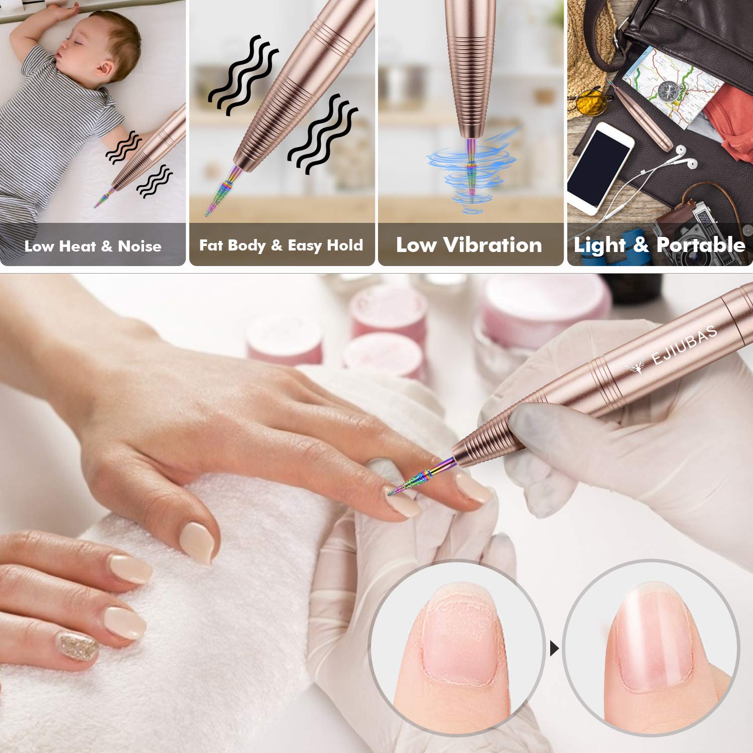 Electric Nail File Nail Drill - Ejiubas Portable Nail Drill Machine Nail Drills for Acrylic Nails Handpiece Drill Nail E File Manicure Pedicure Tool Set for Home Salon Golden: Beauty