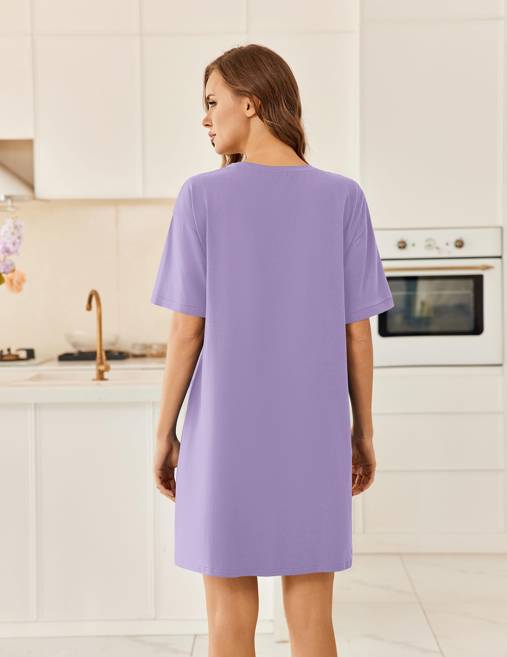 Ekouaer Cotton Nightgowns for Women Short Sleeve Sleep Shirts Crew Neck Night Dress Nightshirt with Pockets, Lilac, L