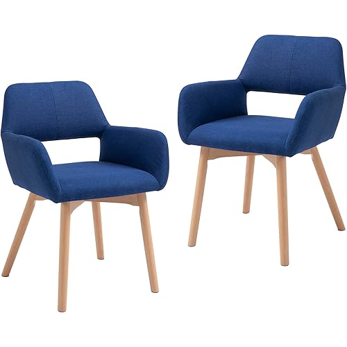 AVAWING Fabric Dining Chairs, Furniture Modern Living Room Accent Arm Chairs with Solid Wood Legs for Kitchen Living Room (2, Blue)