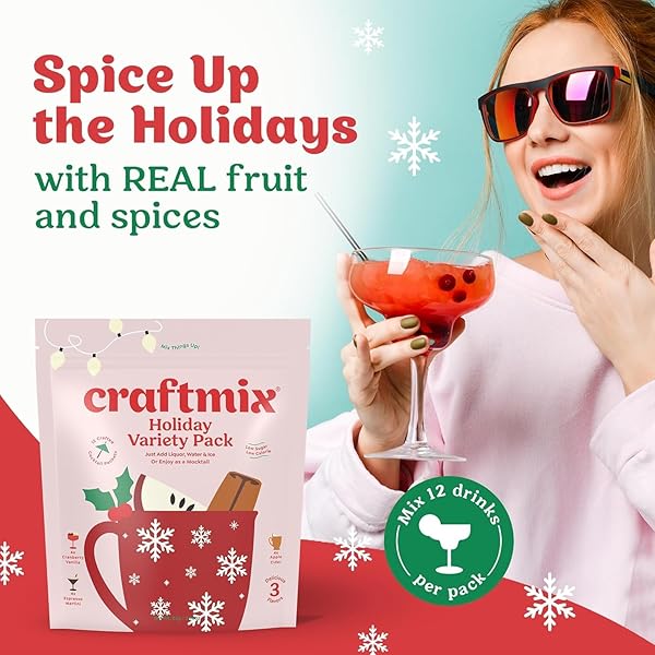 CRAFTMIX HOLIDAY VARIETY COCKTAIL & MOCKTAIL DRINK MIXER, SKINNY MIXES – WATER FLAVORING PACKETS – MADE WITH REAL INGREDIENTS – VEGAN, LOW-CARB, LOW-SUGAR, NON-GMO, DAIRY FREE, GLUTEN FREE, 12 PACK