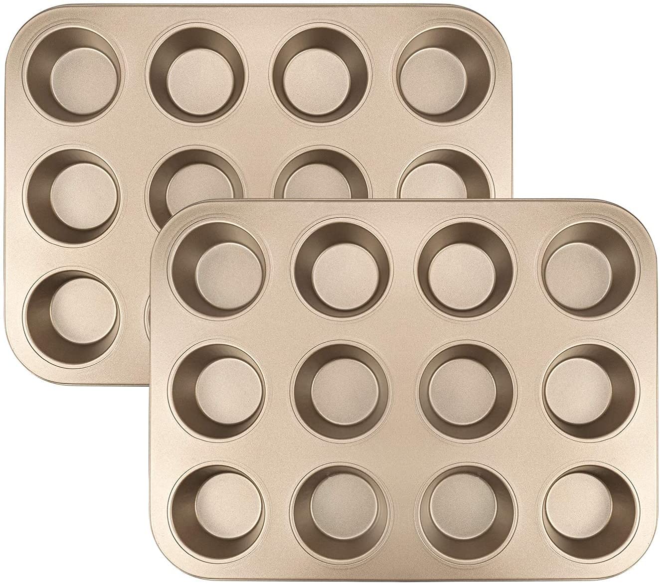 Tebery 2 Pack Cupcake Baking Muffin Tray, Pudding Baking Pan, Non Stick, 12 Holes, Gold