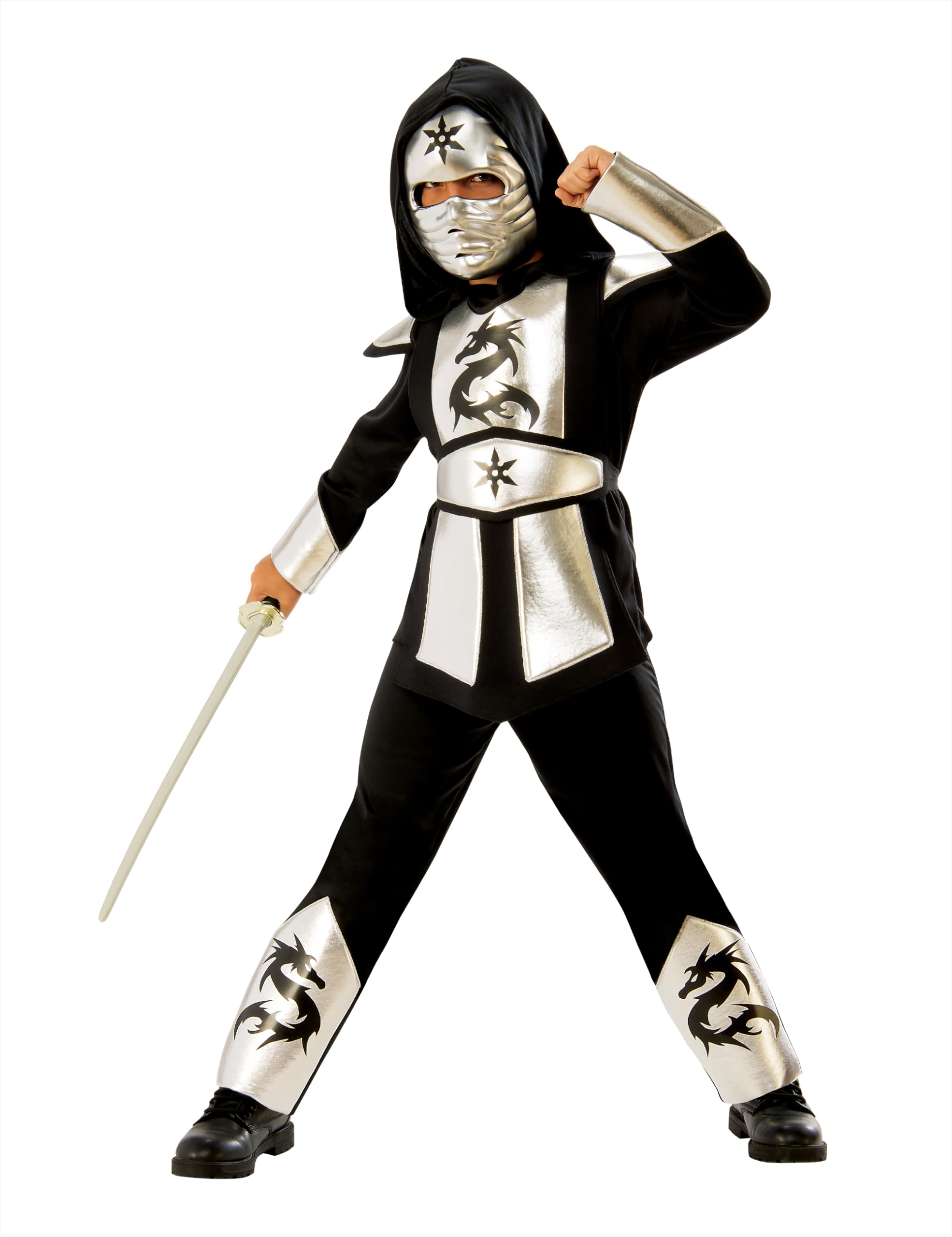 Rubies Official Dragon Ninja Silver Child Costume Hooded Shirt Trousers Belt Mask for Carnival Birthday Halloween Christmas