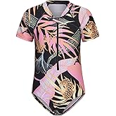 Girls One Piece Swimsuits Short Sleeve Rash Guard for Girl Hawaiian Bathing Suit with Sun Protection Beachwear