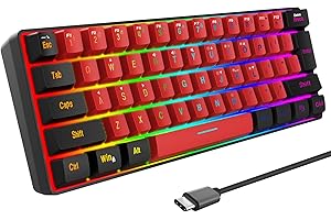 Snpurdiri 60% Wired Gaming Keyboard,True RGB Mini Keyboard, Waterproof Small Compact 61 Keys Keyboard for PC/Mac Gamer, Typist, Travel, Easy to Carry on Business Trip(Black-Red)