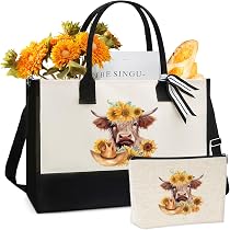 Cadeau Vache Highland - Sac Fourre-tout En Toile + Porte-clés Silicone - Grand Format, Design Mignon, Pour Femme, Anniversaire, Fête Des Mères