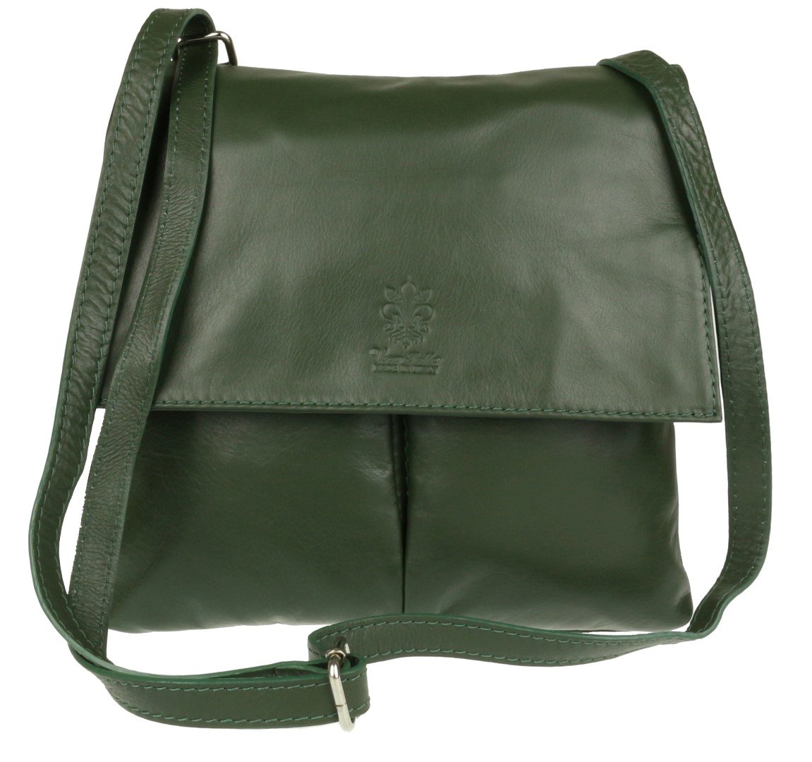 Girly HandBags Double Pocket Italian Leather Messenger Bag - Dark Green(Size: W 25, H 25, D 2 cm (W10, H 10, D 1 inches))