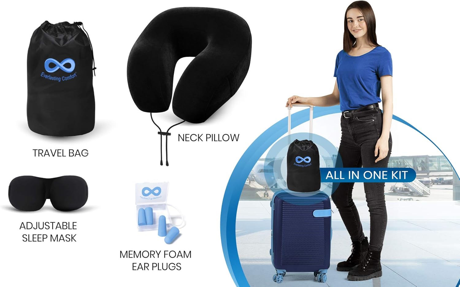 Everlasting Comfort Memory Foam Travel Pillow - Includes Eye Masks and Earplugs - Neck Pillow for Airplane (Black): Home & Kitchen