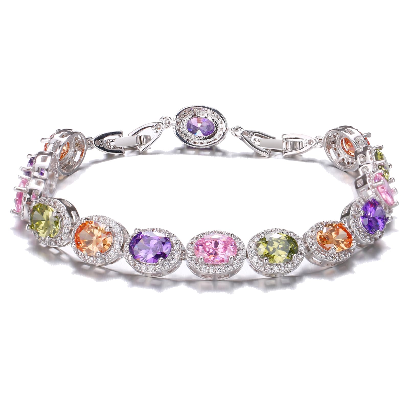 Hermosa Elegant Oval Gemstone Silver Bangle Bracelet with 1-Inch Extender Chain | Adjustable 7-8 Inches | Hypoallergenic Jewelry Gift for Women, 7 Inch, garnet white topaz amethyst