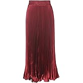 ebossy Women's Boho Satin Metallic Pleated Accordion Skirts Elastic High Waist Flowy A Line Shirring Maxi Long Skirt (One Size, Wine)