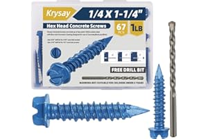 Krysay 67Pcs 1/4 x 1-1/4 in Concrete Screws with Drill bits,Masonry Screws for Concrete Assortment Kit,Hex Head Block Cement Stacoo Screws and Anchors,Diamond Point,Blue Coated(1LB)