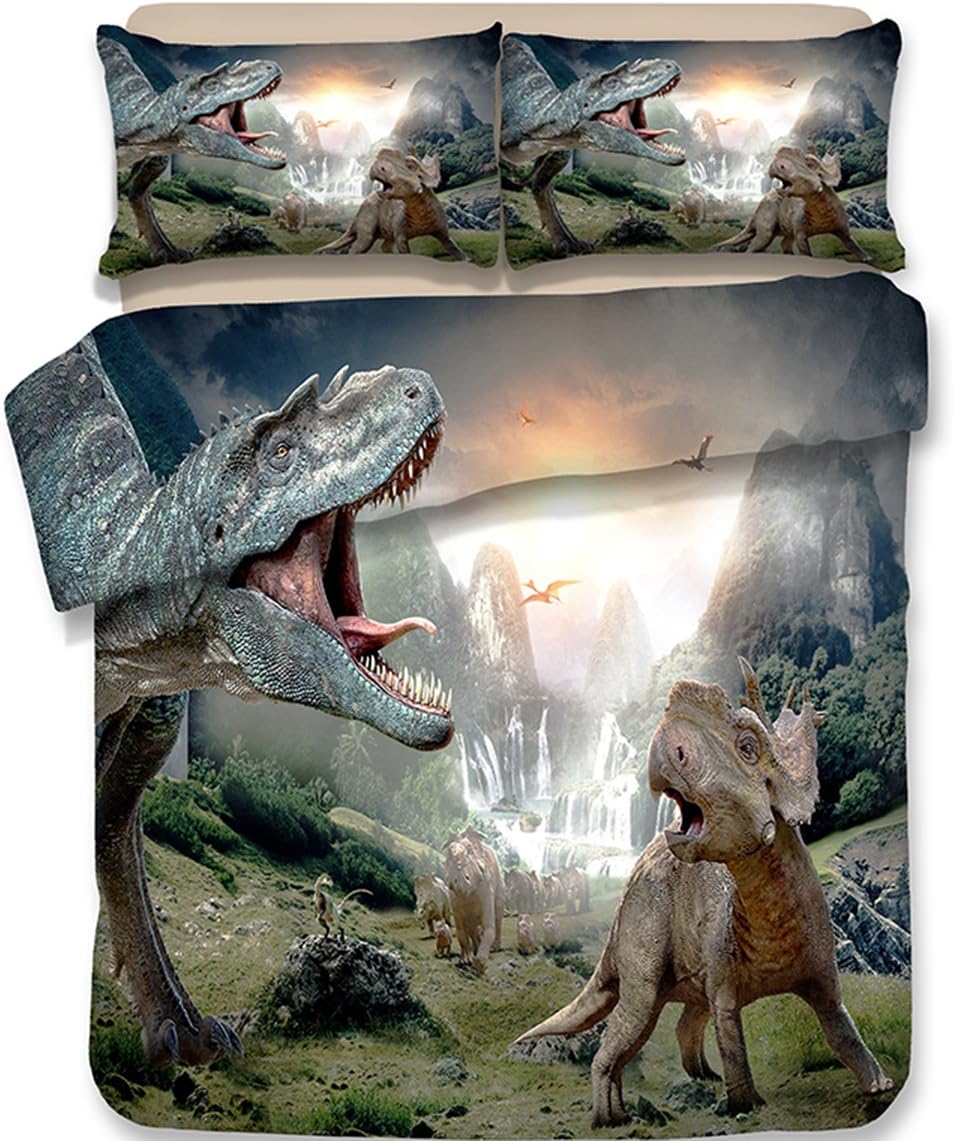Koongso 3D Dinosaur World Print Bedding Sets Reversible 3 Pieces Soft Jurassic Duvet Cover Set for Kids Boys Teens,Twin/Full/Queen/King Size