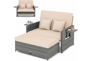 LDAILY Moccha Outdoor Daybed, Wicker Loveseat Sofa Set with 4-Postion Adjustable Backrest, Storage Ottoman, Cushions, Rattan Double Bed Lounger, Patio Furniture Set (Mixed Gray+Beige)