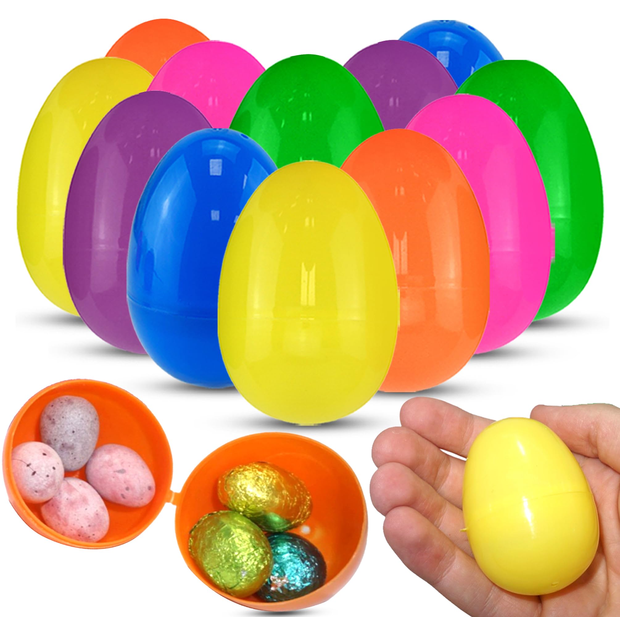 HOVUK 12PCs Fillable Easter Eggs 6cm/2.4" - Colourful Plastic Eggs Hunt Basket Stuffer, Large Easter Eggs to Fill with Spring Candies Kids Kitchen Pretend Play Game Toys