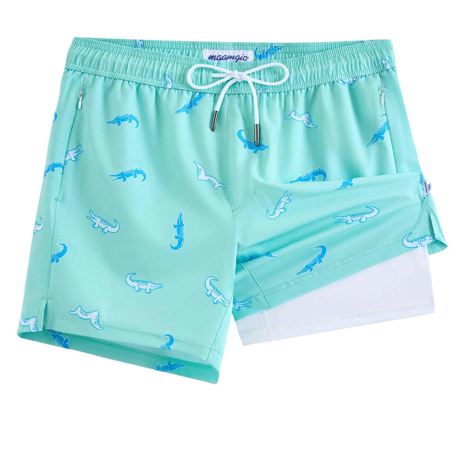 maamgic Mens Swim Trunks with Compression Liner 5 Inch, Quick Dry Bathing Suit with Zipper Pockets, Stretch No-Chafing Swim Shorts, Croc Mint X-Small Image