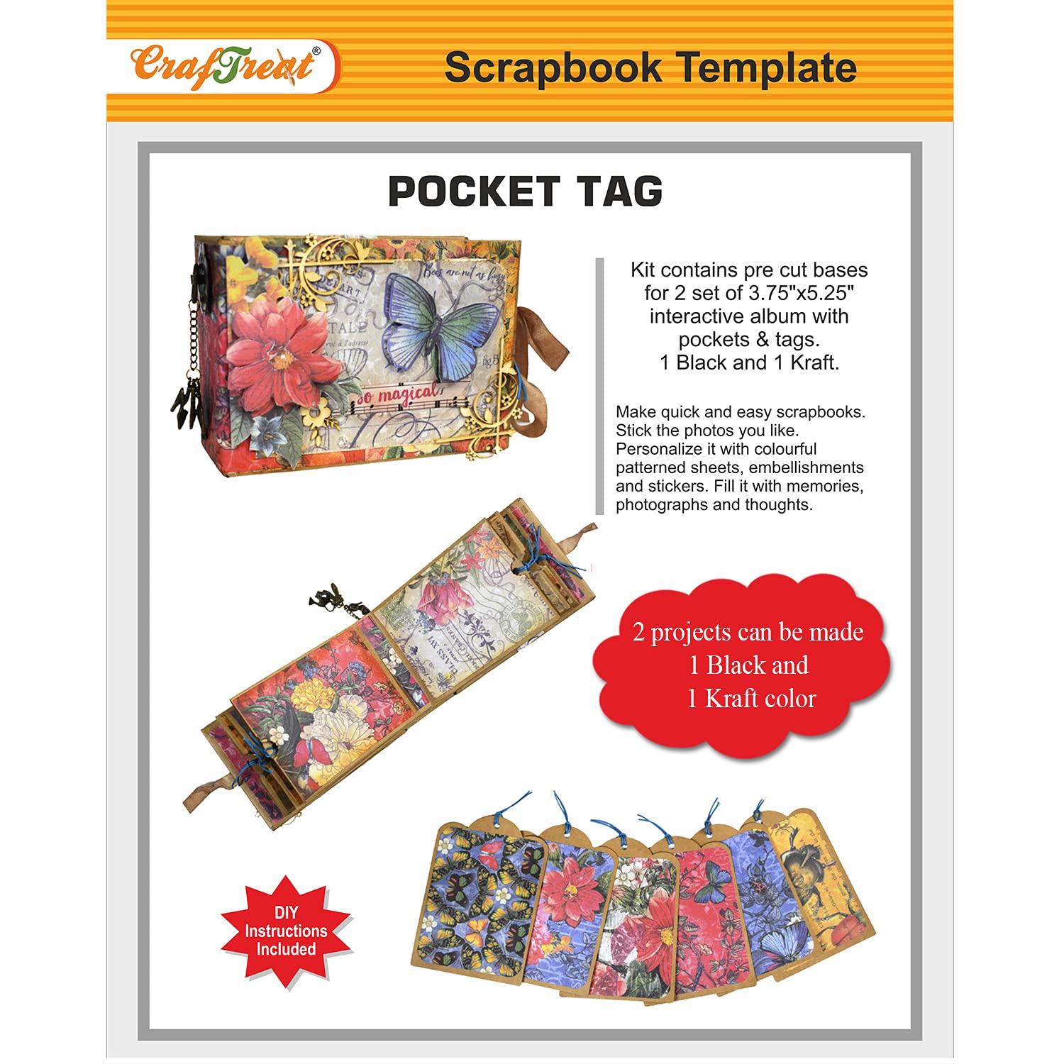 CrafTreat Pocket Tag DIY Scrapbook Blanks – 2 Mini Album Sets (Black & Kraft) with Precut Die Cuts, Chipboard & Tutorials for Tag, Pocket & Memory Keepsake Projects