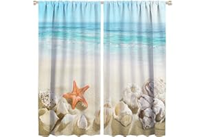 AuiMzoo Warm Journey Curtains, Coastal Beach Clear Seawater Printed Decorative Curtains Kids Room Nursery Bedroom Kitchen Living Room Seashell Starfish, 2 Panels, 42x45 Inch