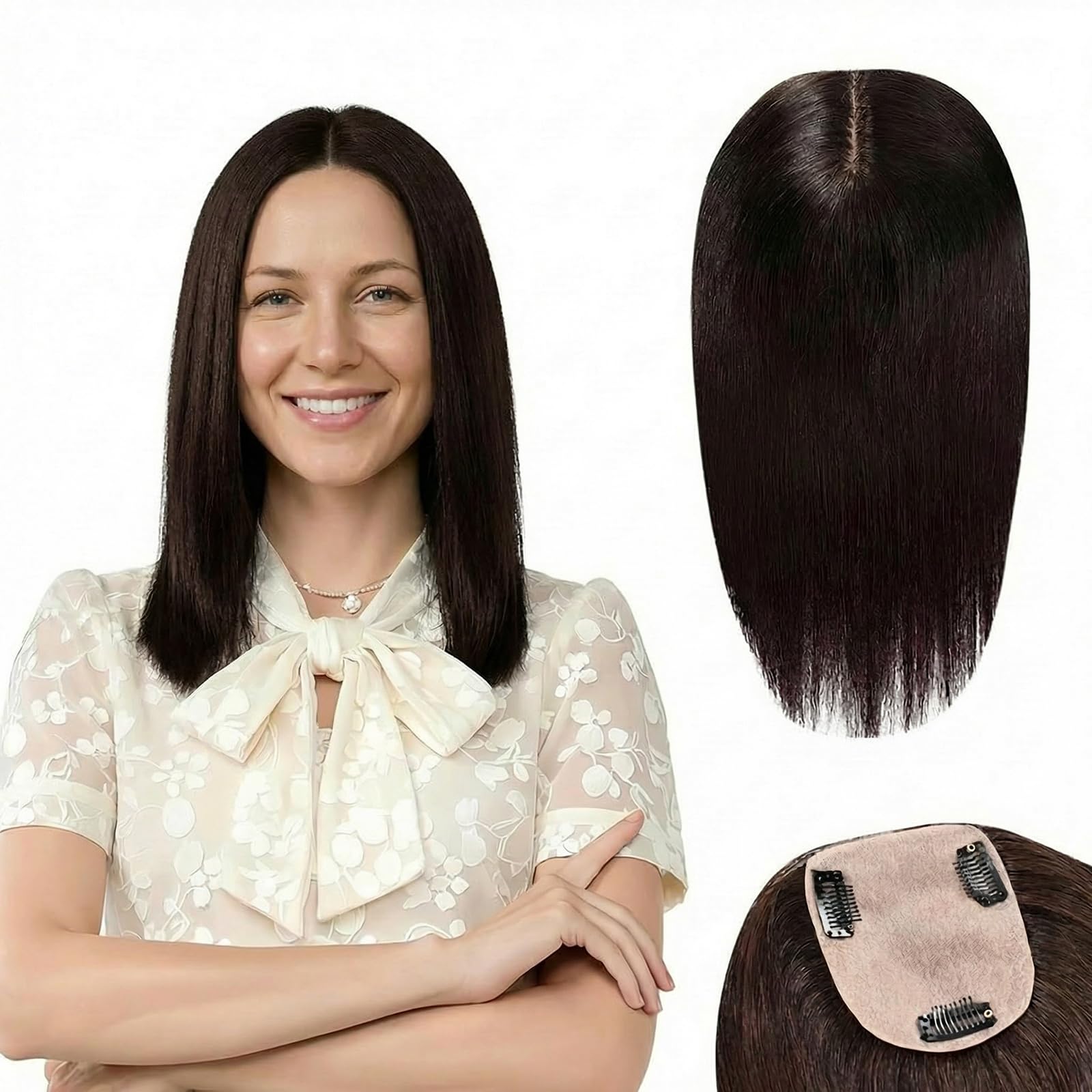 Photo 1 of AMOYHAIR Premium Real Human Hair Silk Base Hair Topper for Women, 100% Hand-Tied Silk Top Technology, Clip-in Hairpiece for Thinning Hair & Gray Roots Coverage, Natural Black, 3.5" x 4.5", 12 Inch