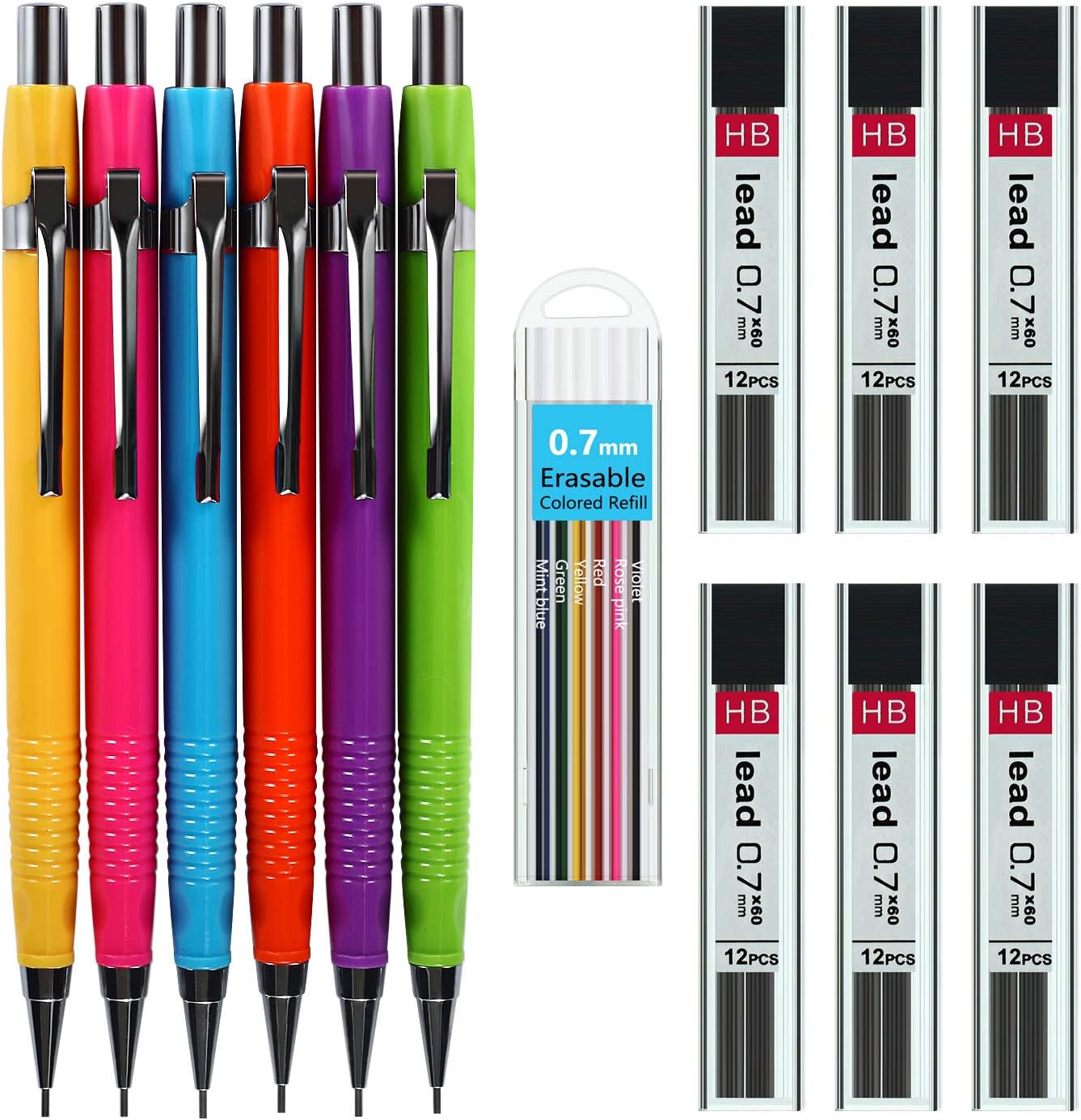 SoFire 6 Assorted Colors 0.7 mm Mechanical Pencil Set with 6 Tubes 0.7 mm Lead Refills and 1 Box Colored Lead Refills