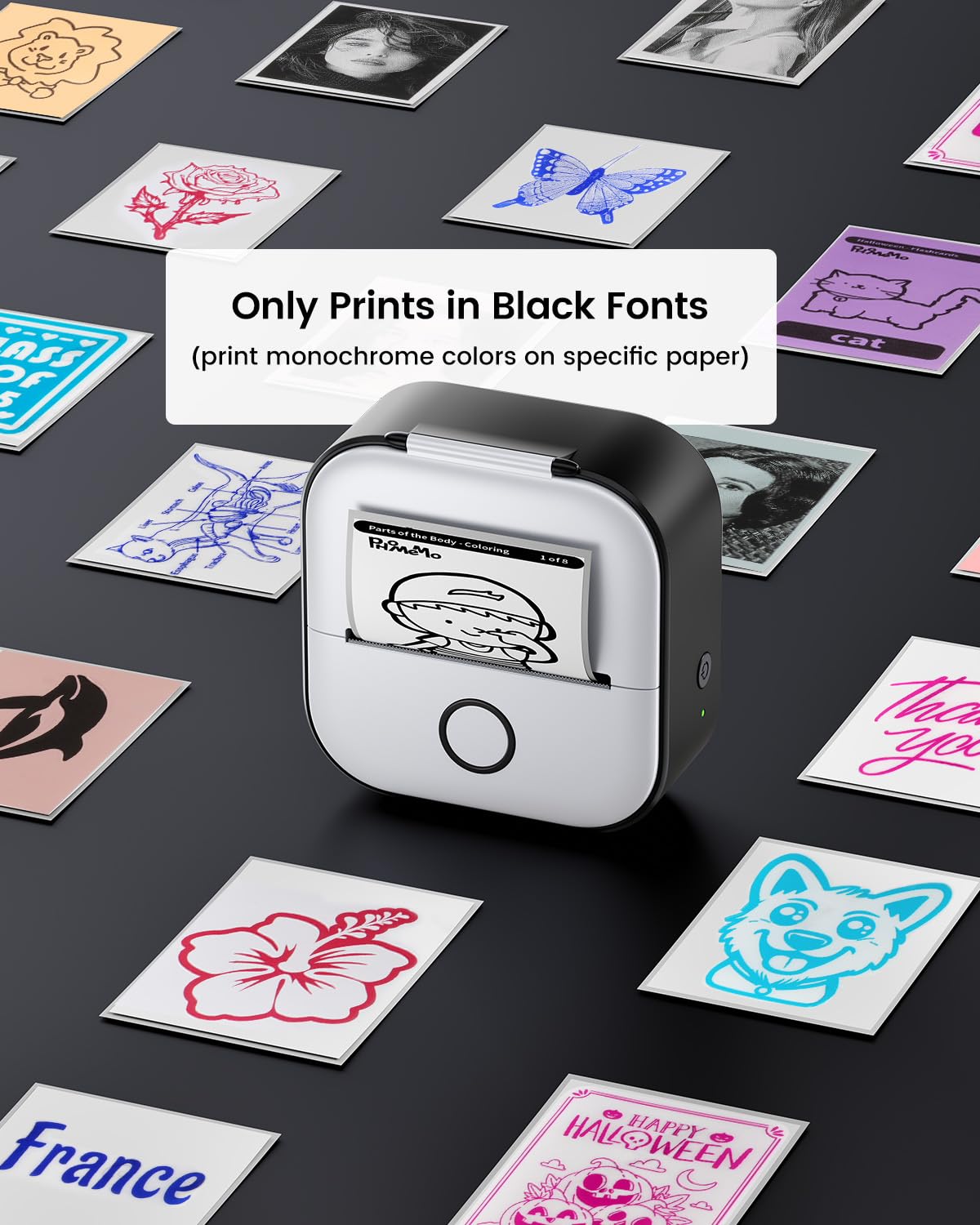 A mother and child using the Memoking Mini Printer T02 to print coloring pages and flashcards.