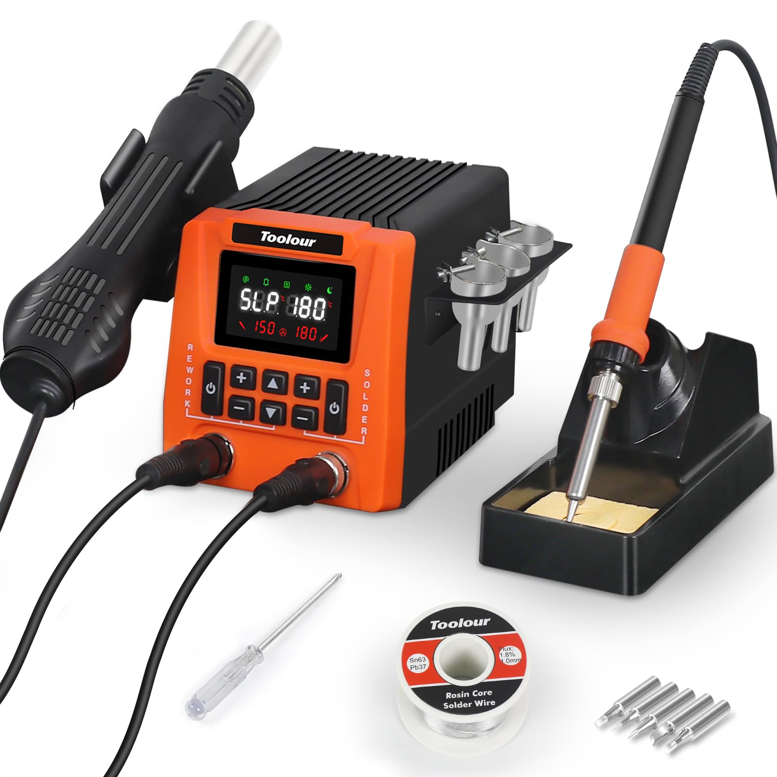 Toolour 851 2-in-1 Soldering Station 700W, Smart PID Temp Control with Hot Air Gun & Iron, Fast Heat-Up 100–500°C, LCD Display, Auto Sleep, High-Precision Dual Channel Station for DIY & Beginners