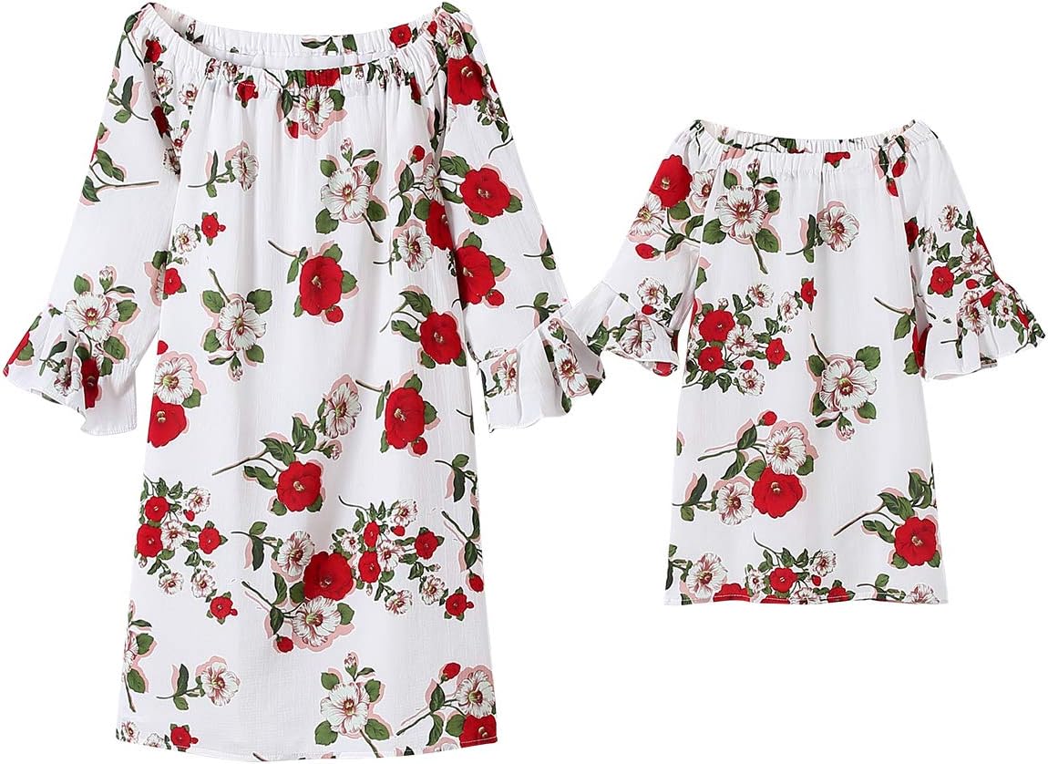 Mommy and Me Dresses Floral Printed 3/4 Sleeve Ruffle Animal Mother Daughter Matching Outfits