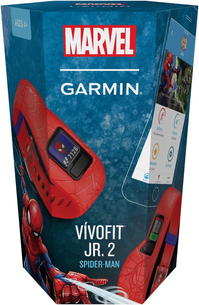 Garmin vivofit jr. 2, Kids Fitness/Activity Tracker, 1-Year Battery Life, Adjustable Band, Marvel Spider-Man, Red