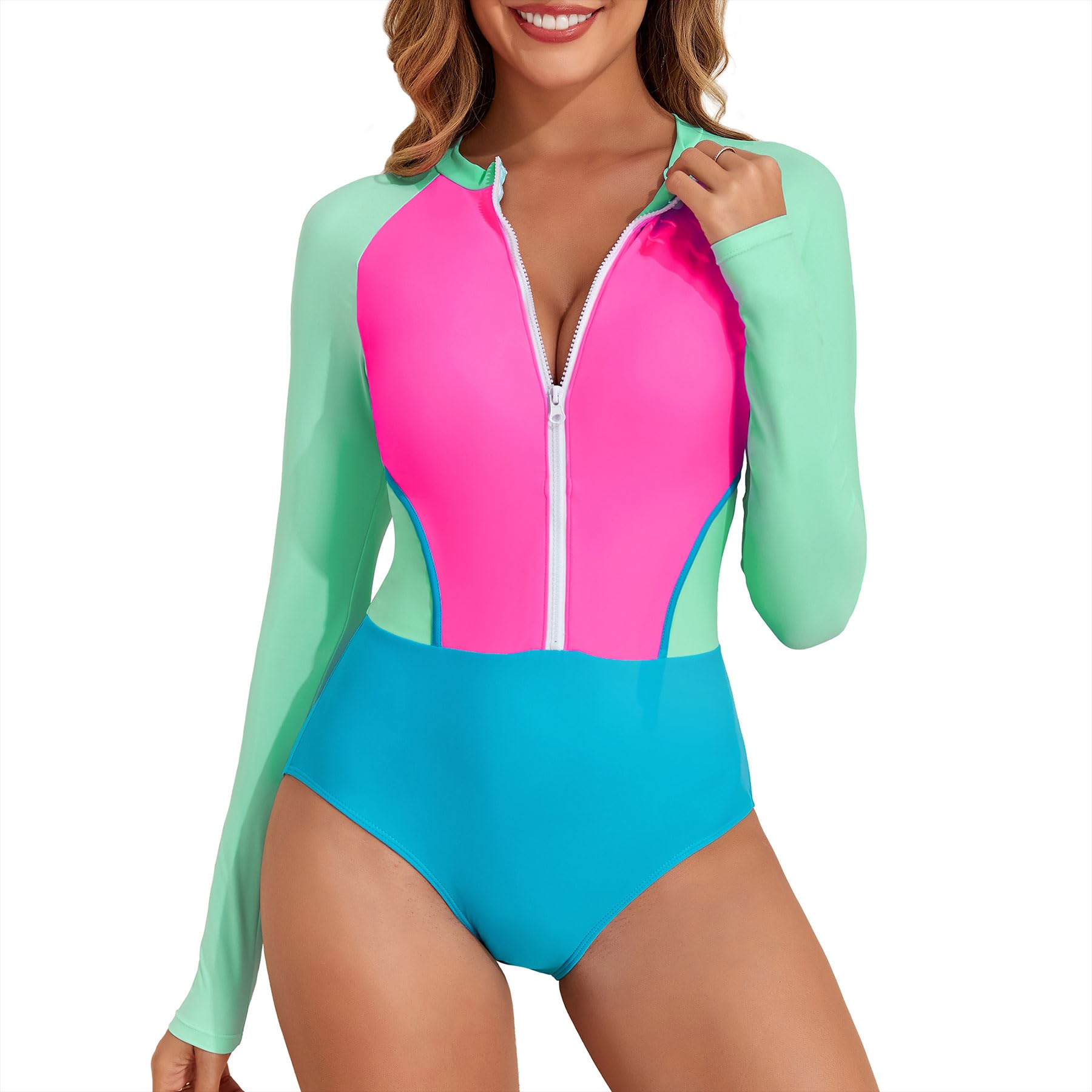 Photo 1 of Zando Rash Guard Swimsuit Women Long Sleeve Bathing Suit Athletic Rashguard One Piece Swimsuit for Women Tummy Control Surfing Swimsuits UV Protection Neon Swim Shirt Neon Swimwear 6-8