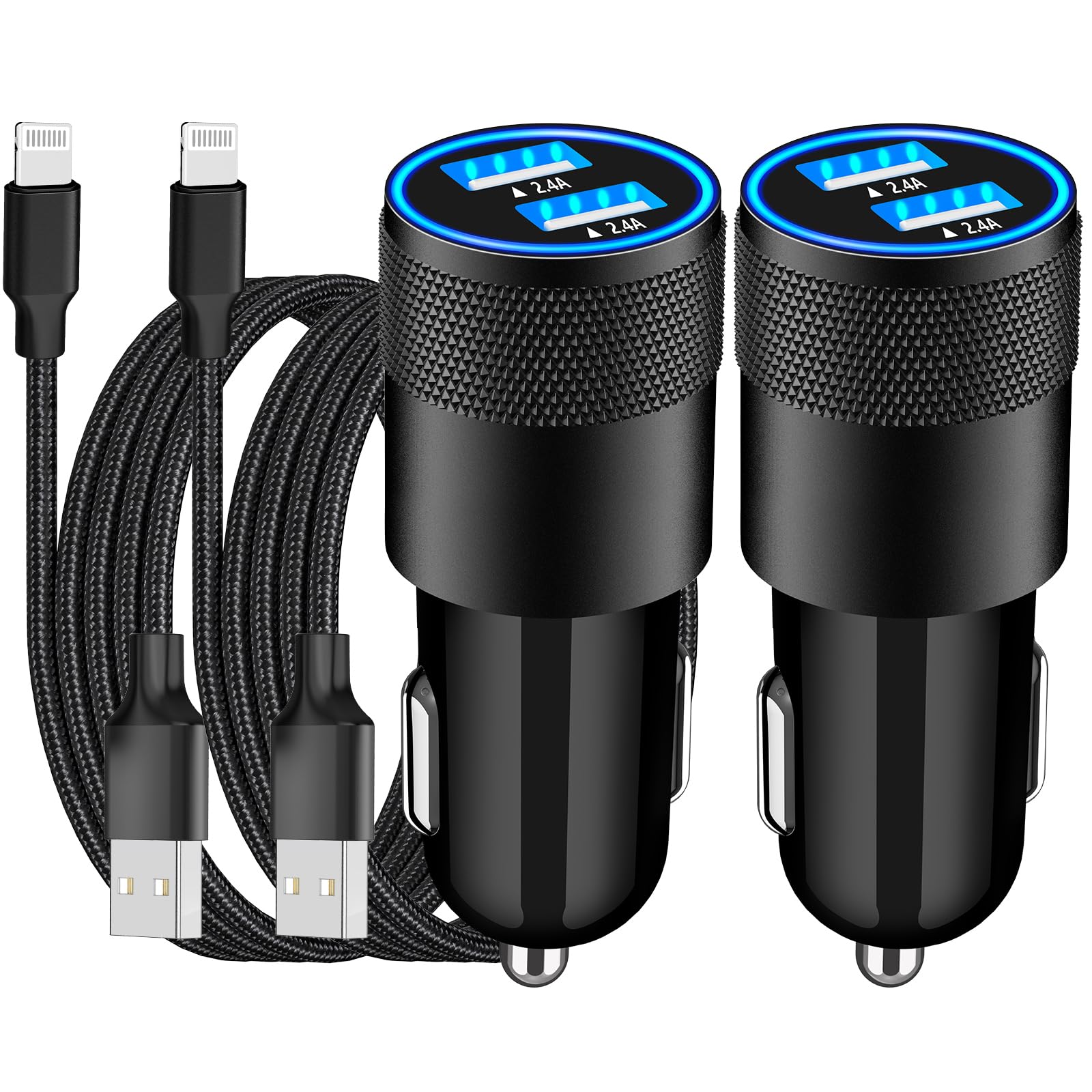 [Apple MFi Certified] iPhone Fast Car Charger, Braveridge 2Pack 4.8A Dual USB Car Power Cigarette Lighter USB Car Carplay Charger with Lightning Braided Cable for iPhone 14 13 12 11 Pro XS XR X 8 iPad