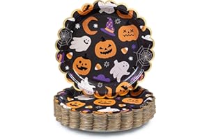 CONFETTIVILLE Halloween Paper Plates, 50-Count Disposable Halloween Dinner Plates, Scalloped, Party Supplies, Ghosts, Pumpkins, Candy Corn, Black