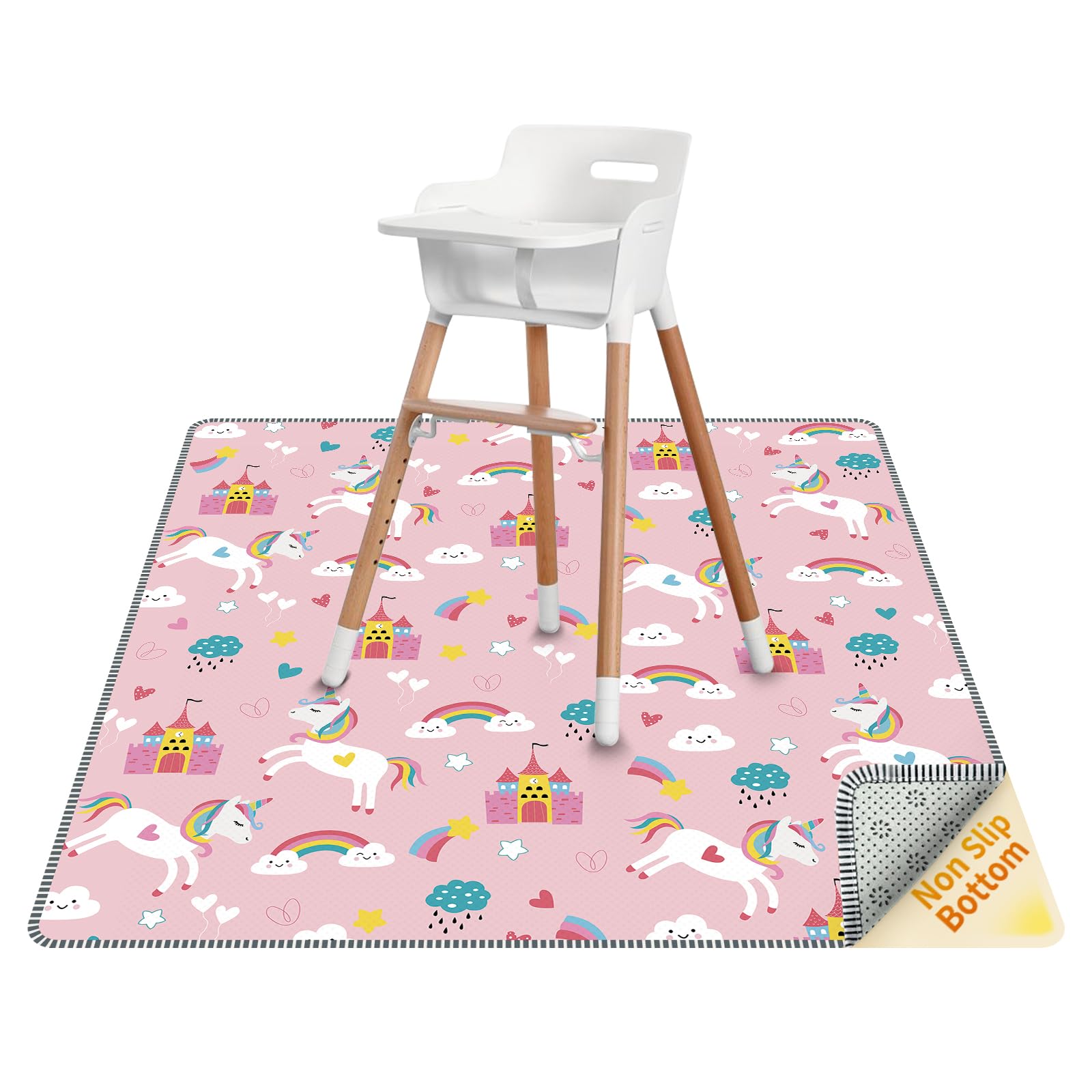 Thick High Chair Splash Mat 51″, 4 Layer Waterproof Splat Mat with Anti Slip Bottom, Baby Mess Mat for Art/Crafts/Painting/Playtime/Picnic Mat, Easy Clean