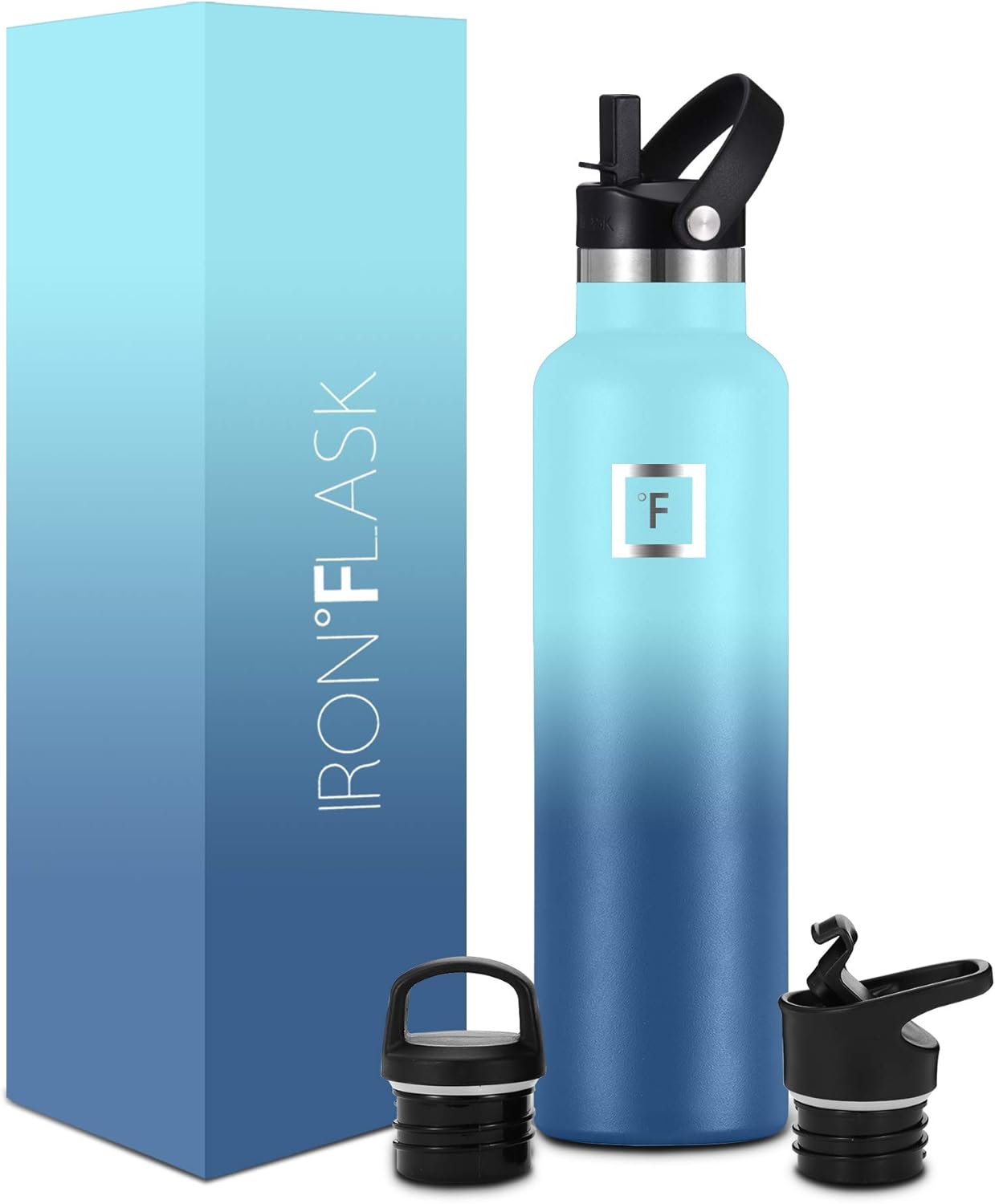 Iron Flask Narrow Mouth Sports Water Bottle 24 oz, 3 Lids