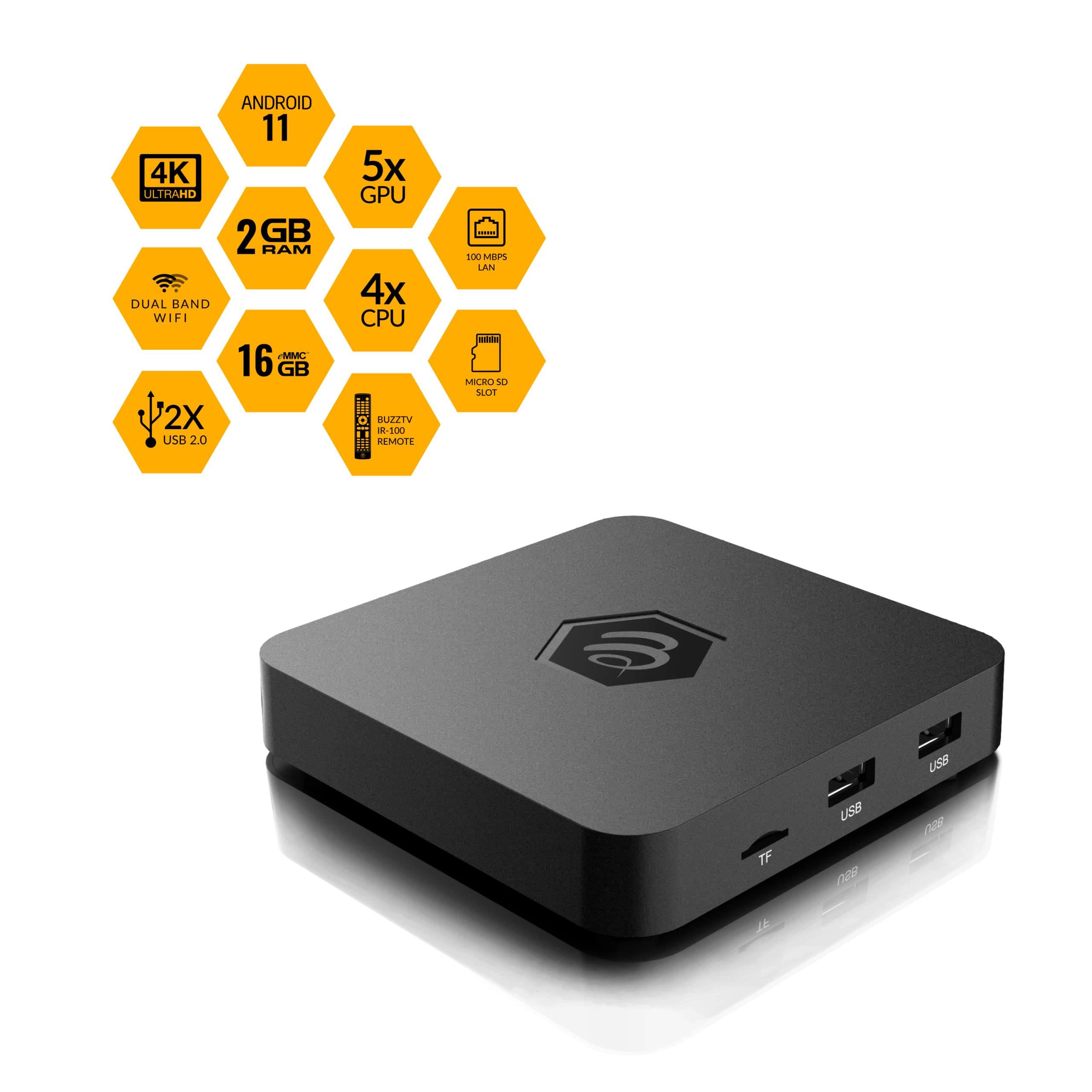 BuzzTV B5 Series Android 11 TV Box, Amlogic S905W2 Quad-Core A-35 Processor, 2GB DDR RAM, 16GB eMMC Storage, 4K UHD Streaming