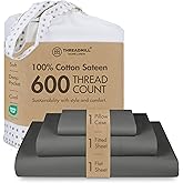 Hotel Quality Luxury 600 Thread Count 100% Cotton Twin Size Sheets, 3 Pc Sateen Weave Dark Grey Sheet Set, Premium Soft Sheets with Elasticized Deep Pocket by Threadmill