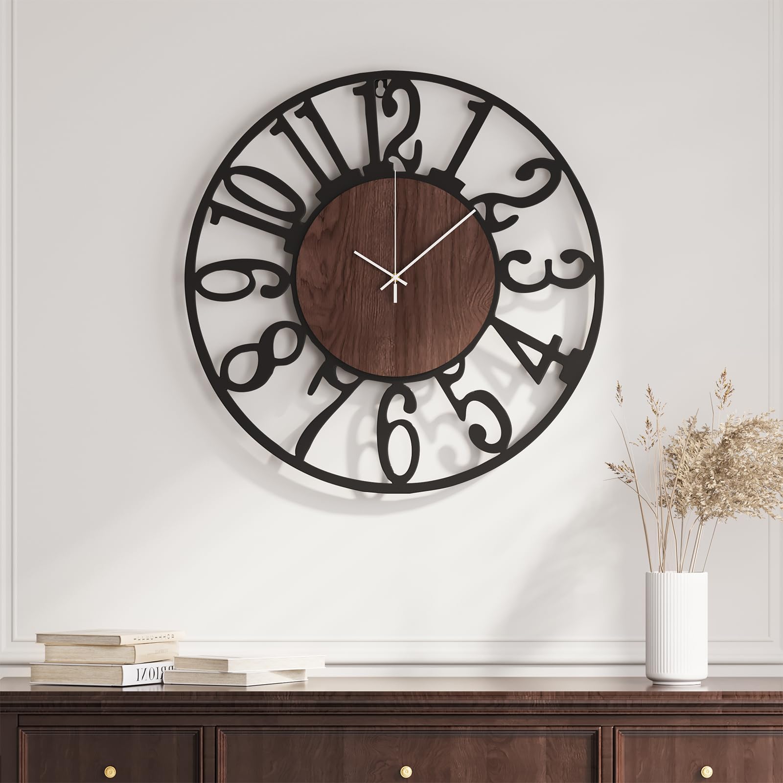 Cuspin Large Wall Clock for Living Room, 16 inch Farmhouse Modern Clock Battery Operated Silent Non Ticking, Decorative Wood Black Metal Wall Clocks Arabic Numerals