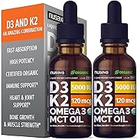 (2 Pack) Organic Vitamin D3 K2 Drops w MCT Oil Omega 3, 5000 IU, Maximum Strength Vitamin D Liquid 5000 IU, No Fillers…