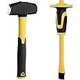 KURUI 3lb Sledge Hammer & Flat Chisel with Hand Protection for Tile/Rock/Masonry/Concrete/Brick/rockhounding, Mason Flat Head Chisel & Small Drilling Hammer with Anti-Slip Handle