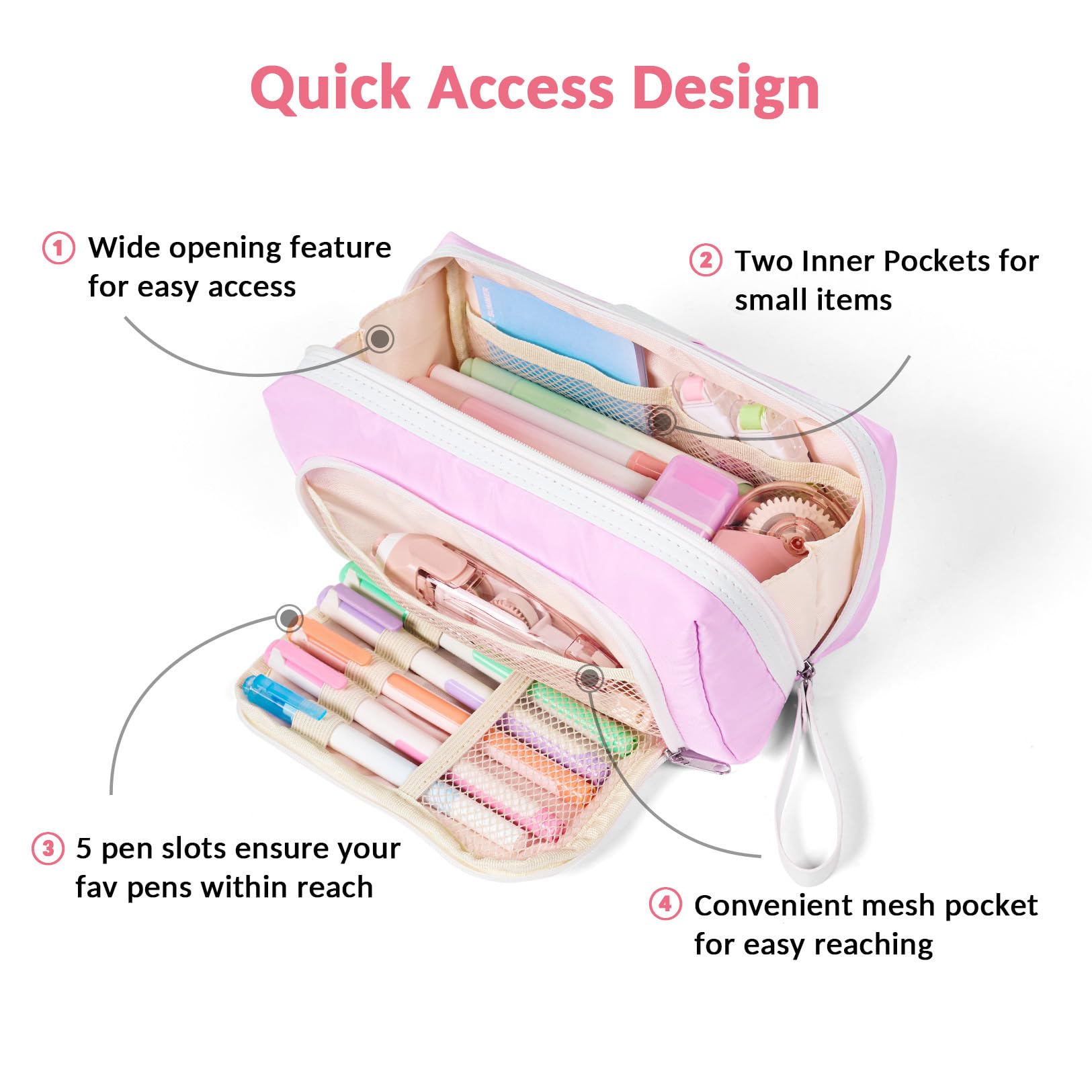 Sooez Big Capacity Pencil Case, Extra Large Pencil Pouch with Zipper Pocket, Wide Opening Pencil Bag, Portable Stationery Organizer, Cute Aesthetic School Office Supplies for Teens Girls Adults, Pink