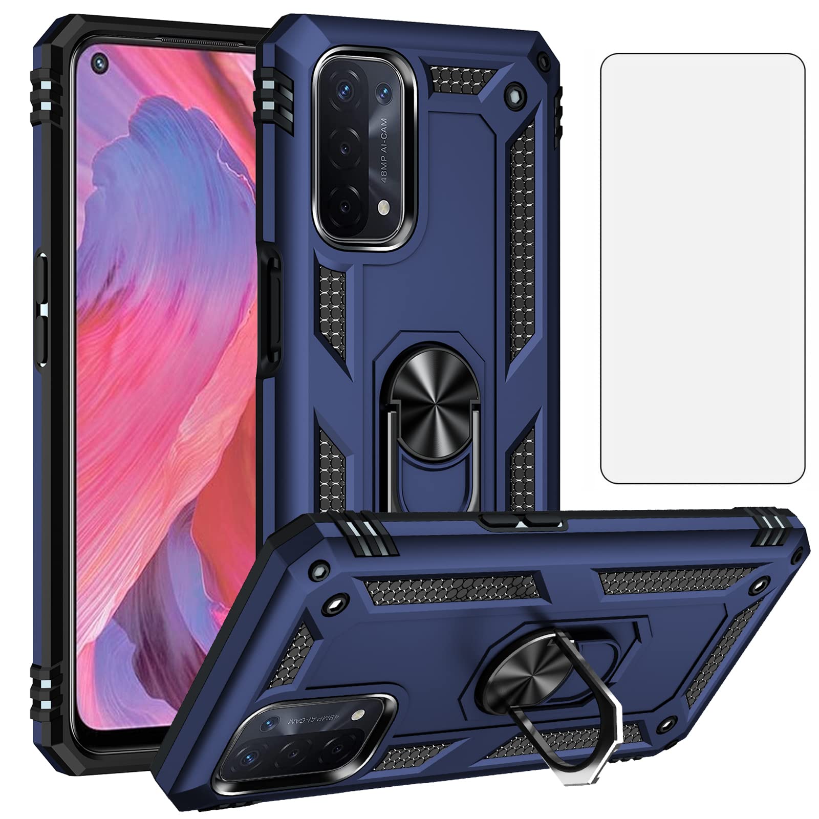 Asuwish Phone Case for OPPO A74 5G/A54 5G with Tempered Glass Screen Protector Stand Ring Holder Hard Magnetic Hybrid Defender Cell Accessories Shockproof Kickstand A93 5G/A93S 5G Women Men Blue