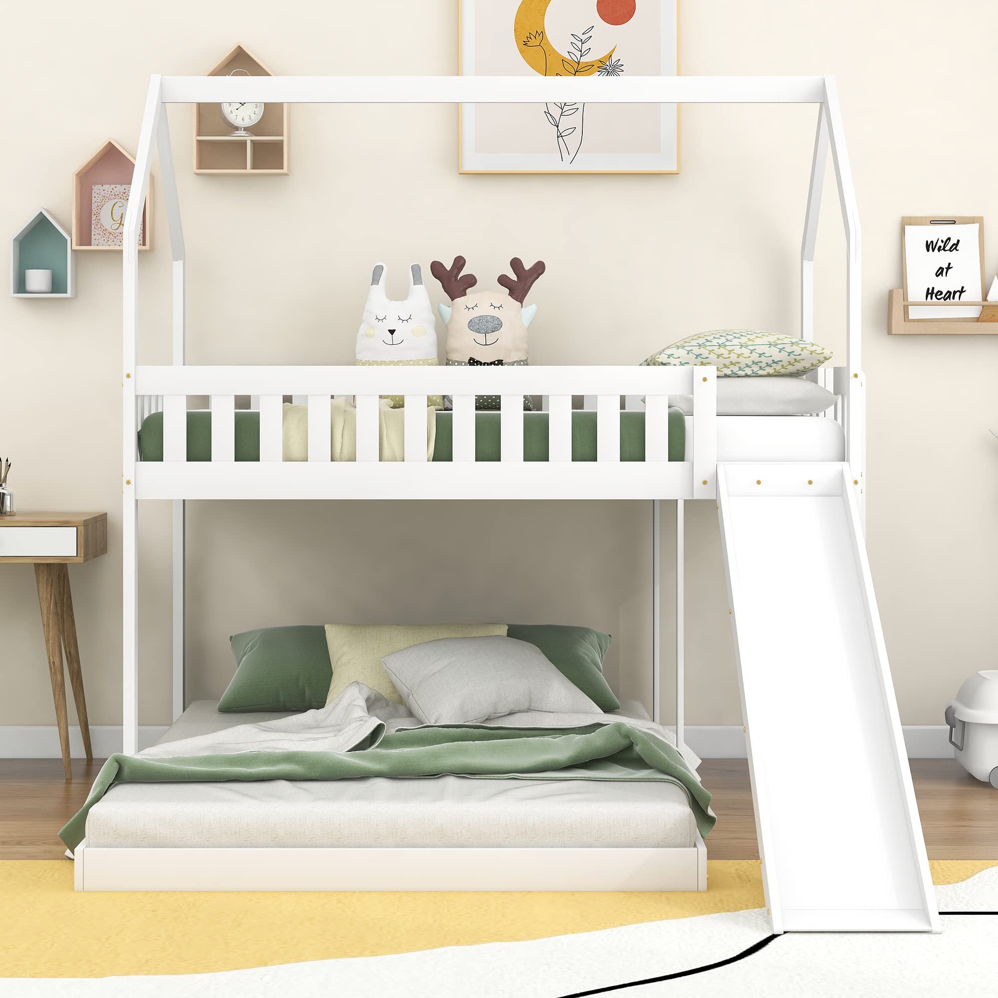 Merax Twin Over Full House Bunk Bed with Slide and Built-in Ladder,Full ...