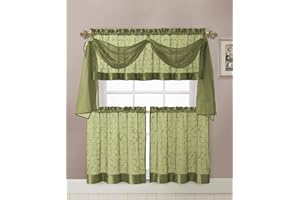 GoodGram Linen Leaf Embroidered Sheer Kitchen Curtain Set - Assorted Colors (Sage)