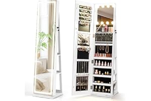 CHARMAID Swivel Jewelry Armoire with Full-Length LED Mirror & Interior Makeup Mirror, 360° Rotating Jewelry Cabinet with Stor