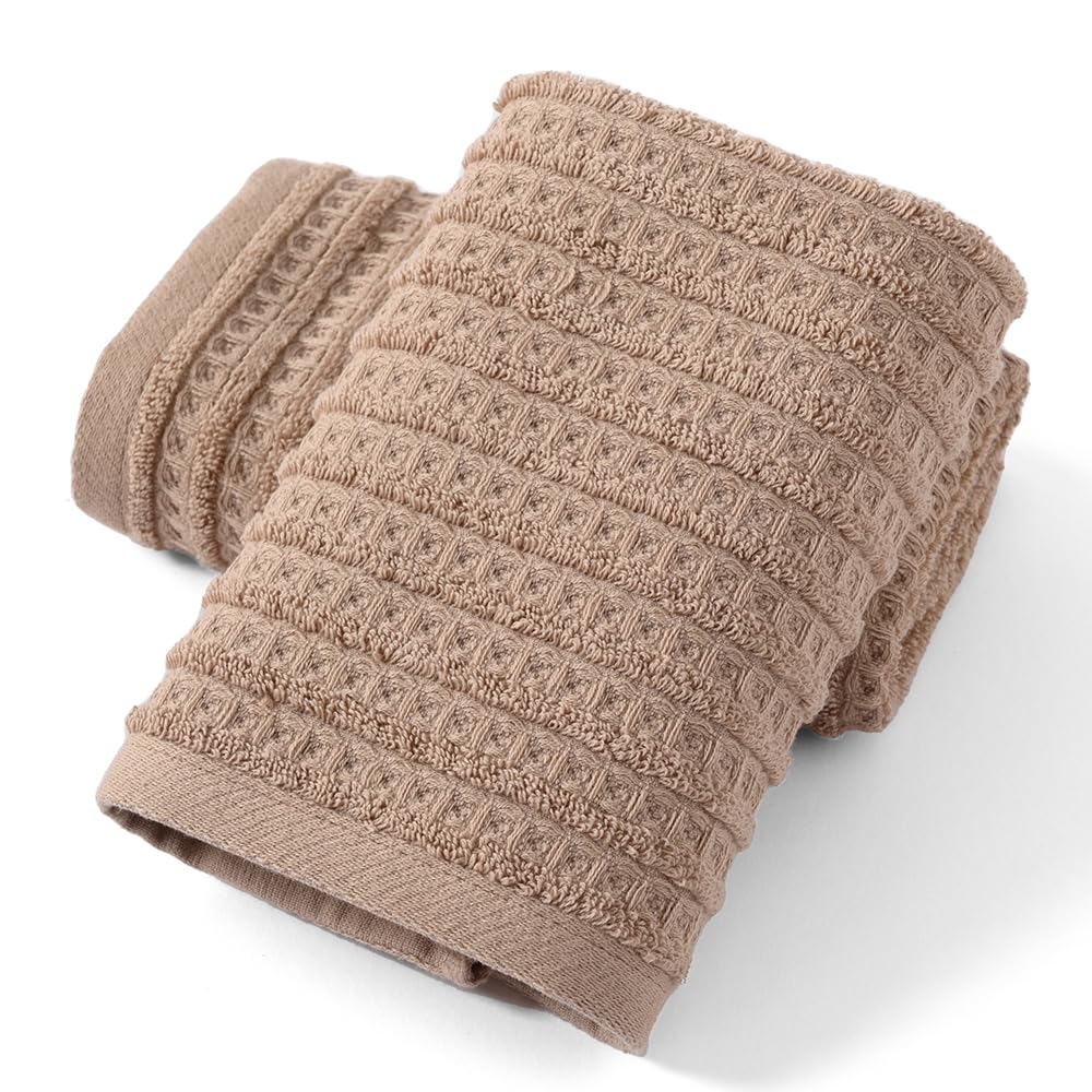 sense gnosis Brown Hand Towel Set of 2 Waffle with Terry Striped Pattern 100% Cotton Ultra Soft Absorbent Towels for Bathroom Kitchen Home 13 x 29 Inch