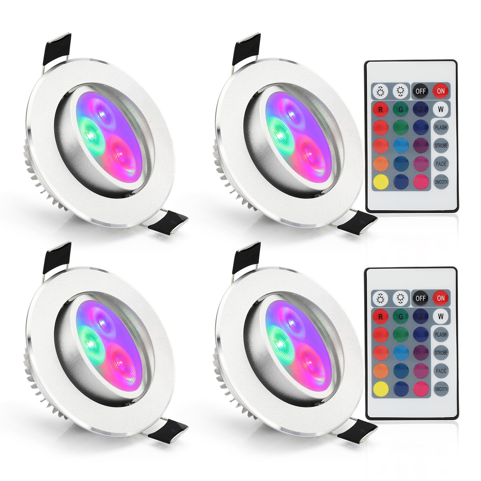 flowlamp 4 Pack LED Recessed Ceiling Light, Downlights for Ceiling, 5W Dimmable LED Ceiling Lights Color Changing RGB 2.4" with IR Remote Control, Spot Lights Ceiling for Room, KTV, Bars, Cinemas