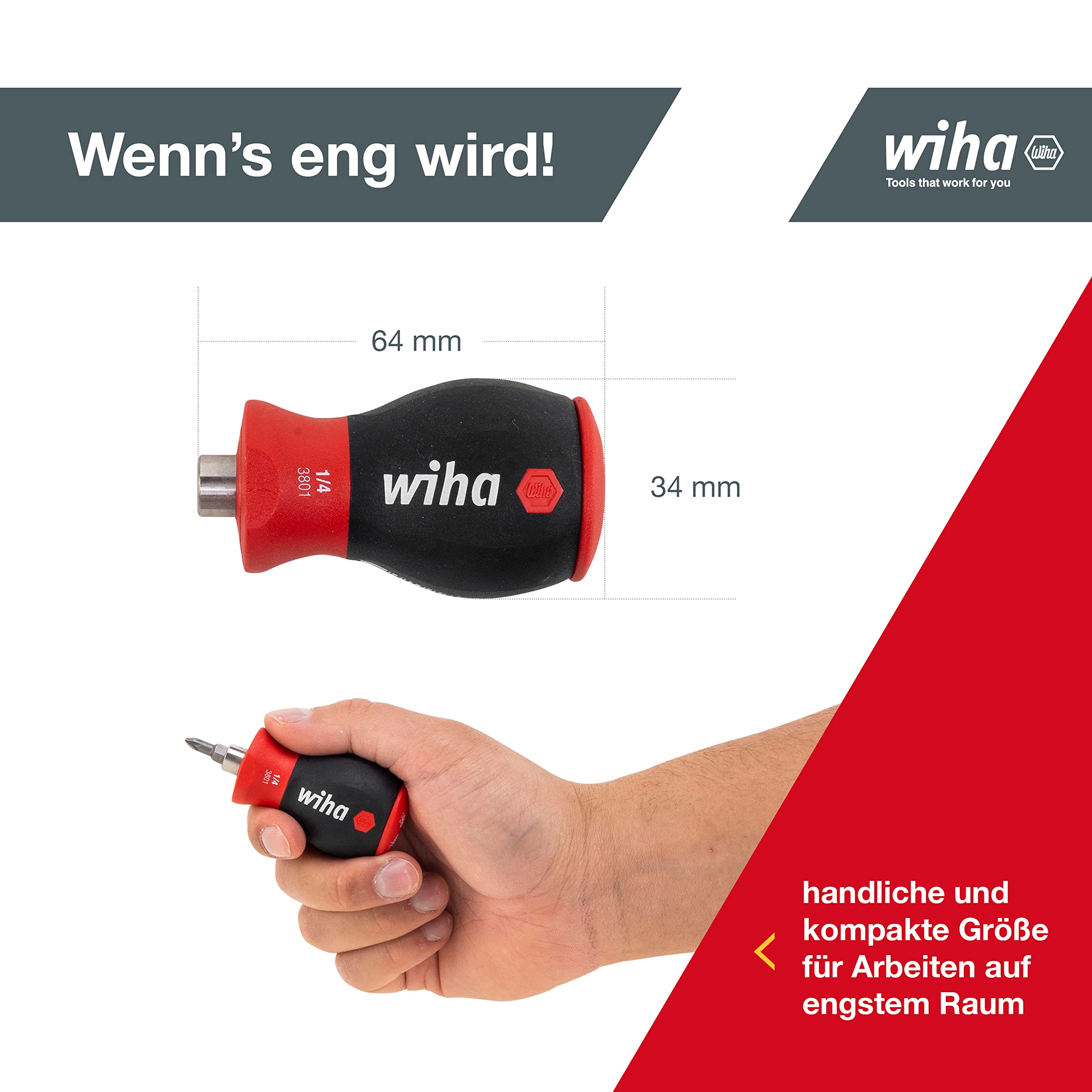 Wiha Schraubendreher Stubby mit Bit Magazin magnetisch (33736) I Schlitz, Kreuz I mit 6 Bits, 1/4" 5