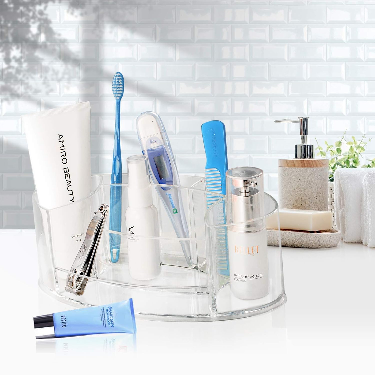 Clear Makeup Organizer, Acrylic Small Makeup Organizer For Vanity Cabinet Bathroom, Durable Countertop Makeup Organizer Tray Cosmetic Display Case, 7 Compartments Make Up Brush Holder Storage Box: Beauty