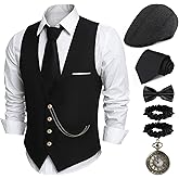 PARTTELY 1920s Mens Costume,Roaring 20s Costumes for Men,1920S Mens Outfit Accessories with Vest Hat Pocket Watch Tie Armband