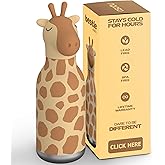 asobu Bestie Bottle Insulated Stainless Steel Water Bottle with Detachable Soft Animal Head Fun Drinking For Kids and Teens16 Ounce with Flexible Reusable Straw (GIRAFFE)