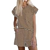Tankaneo Womens 2 Piece Short Sets Striped Summer Outfits Cap Sleeve Tops and Elastic Waist Lounge Matching Set